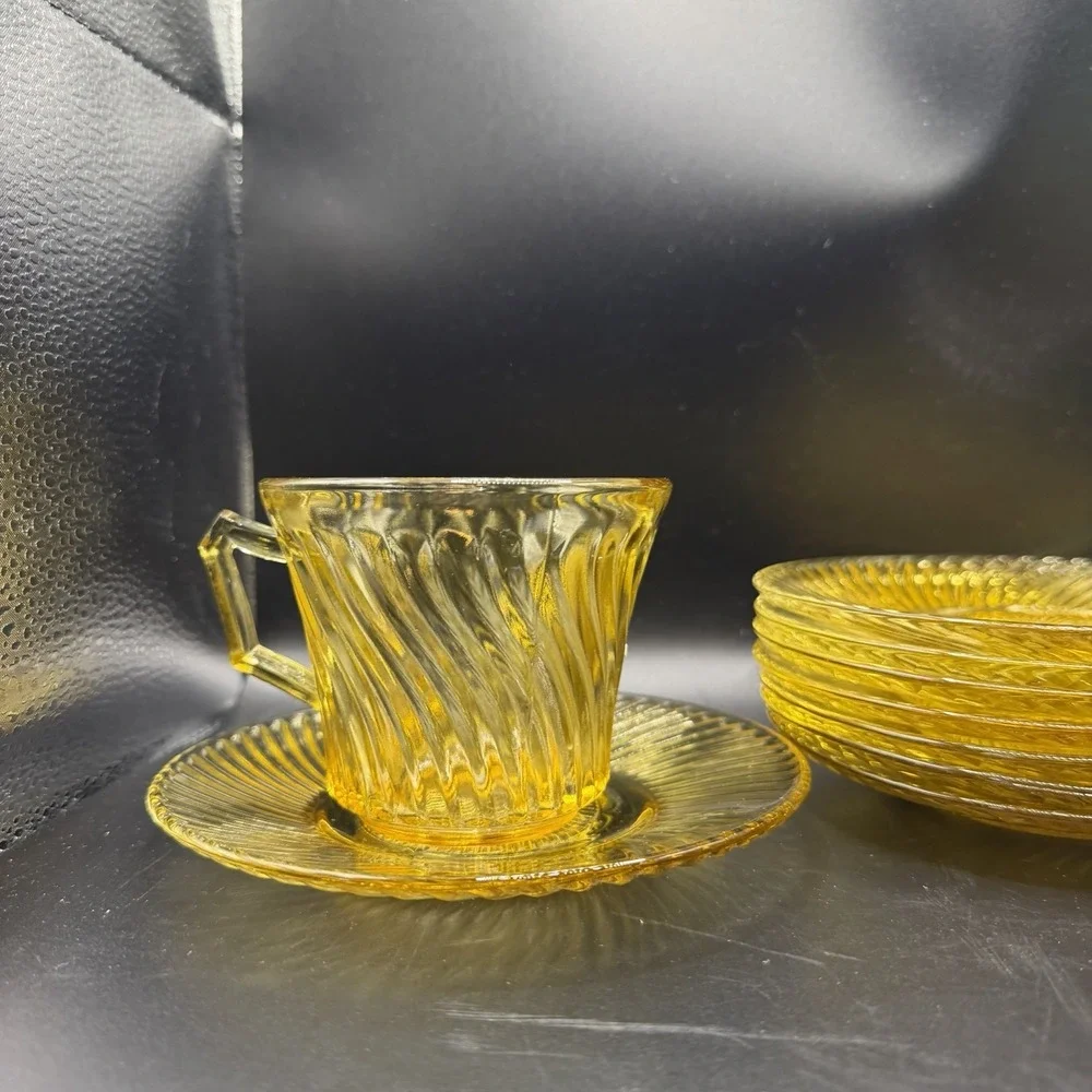 Vintage Amber Depression Federal Glass Company Diana Swirl cup & saucer sets /8